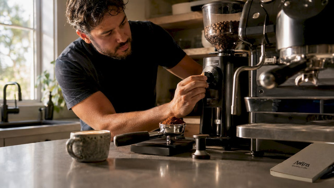 Man adjusting espresso grinder in home kitchen