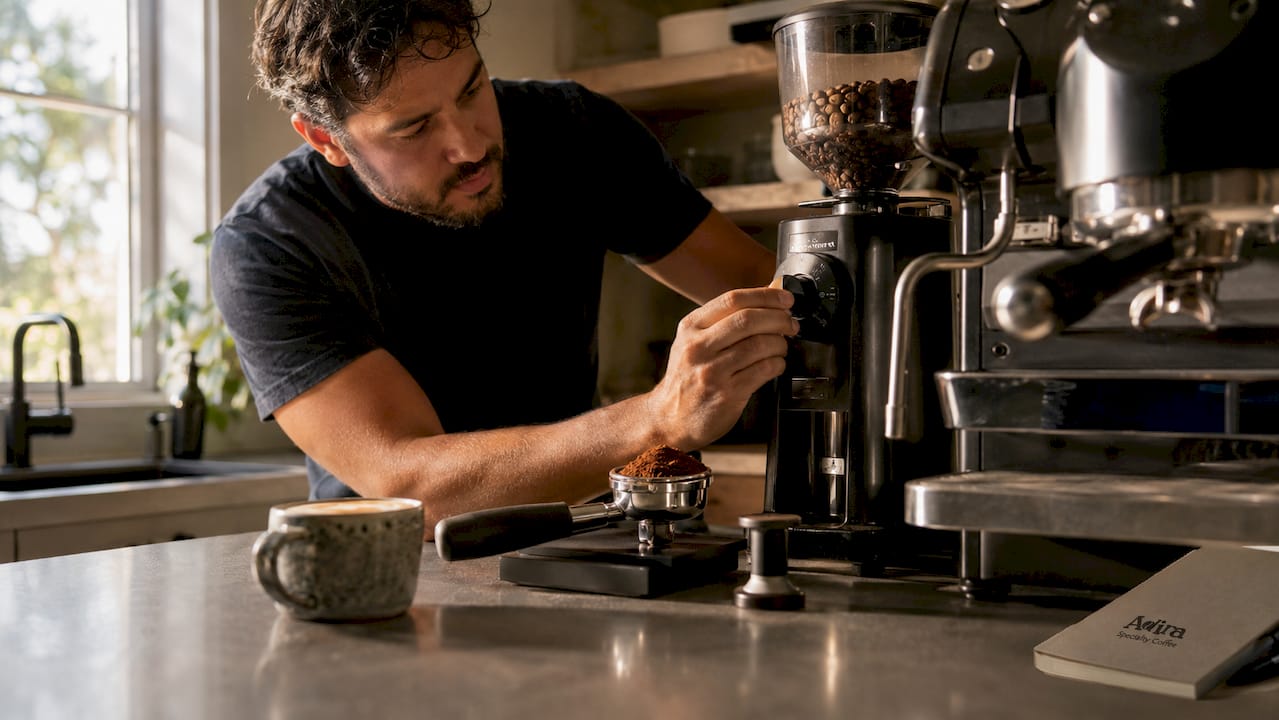 Man adjusting espresso grinder in home kitchen