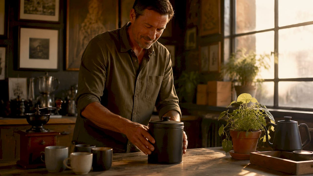 Man placing opaque coffee storage canister
