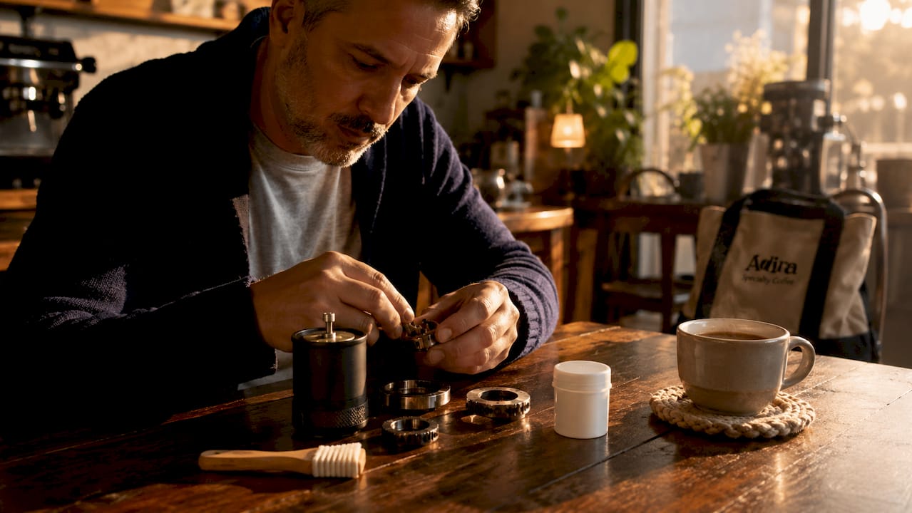 Person cleaning coffee grinder burr parts