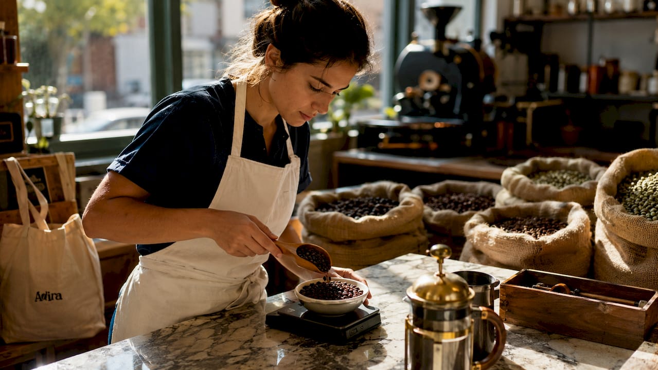 Barista handling fresh roasted coffee beans