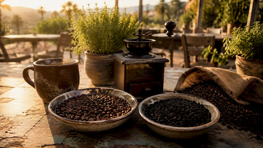Comparison of Arabica and Robusta coffee beans in bowls