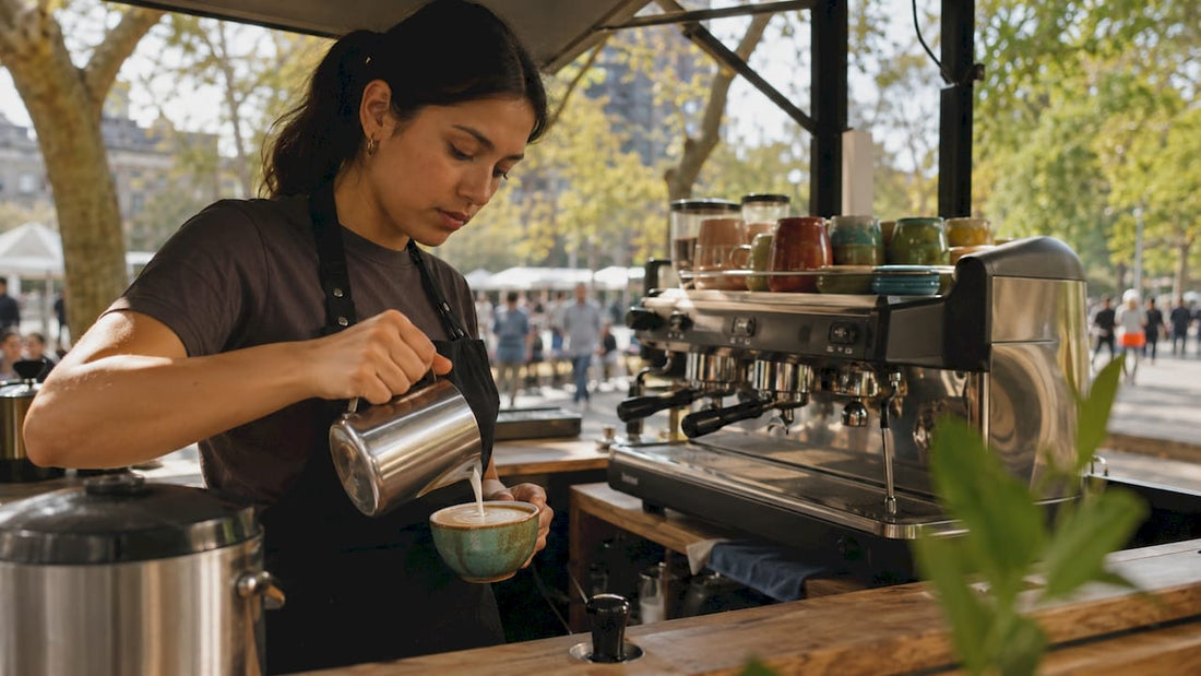 Barista steaming milk in specialty coffee shop