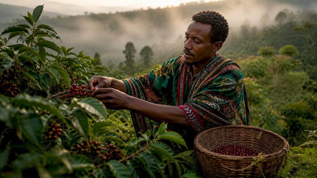Ethiopian farmer harvesting coffee cherries outdoors