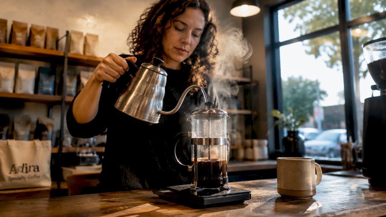 Woman pouring hot water into French press coffee