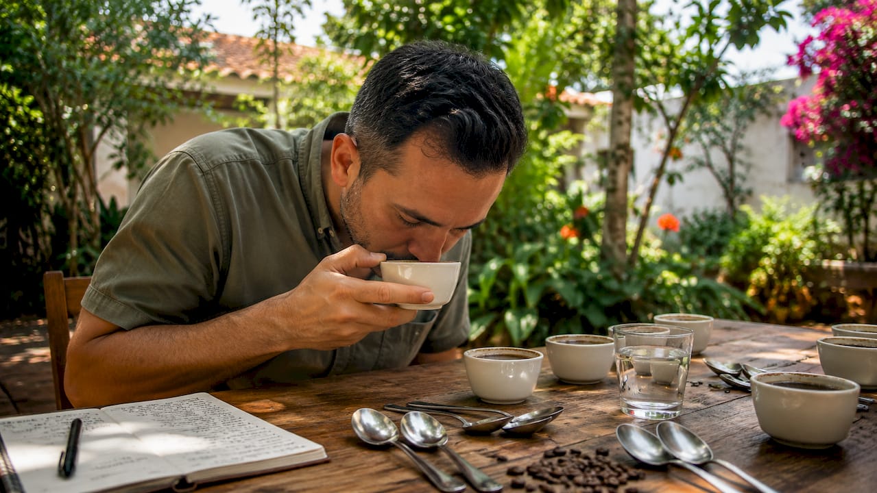 Coffee judge smelling coffee aroma during cupping