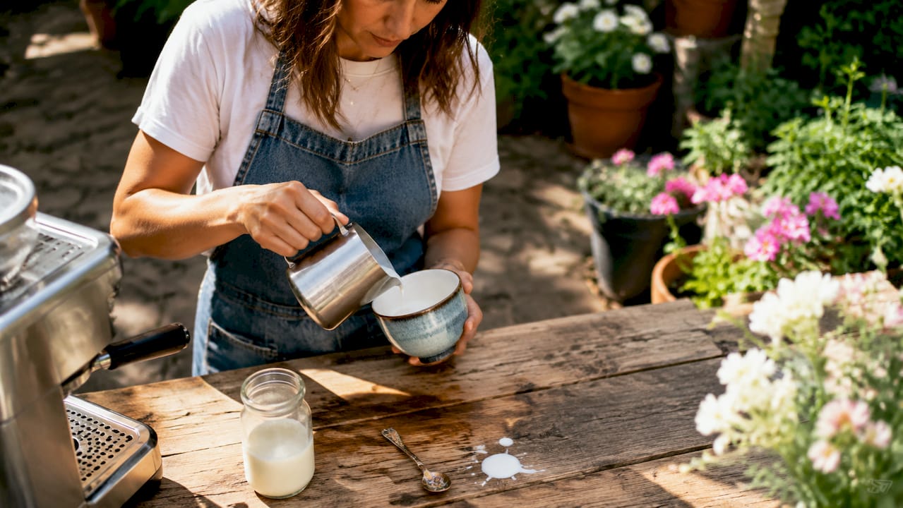 Home barista pouring latte art in kitchen