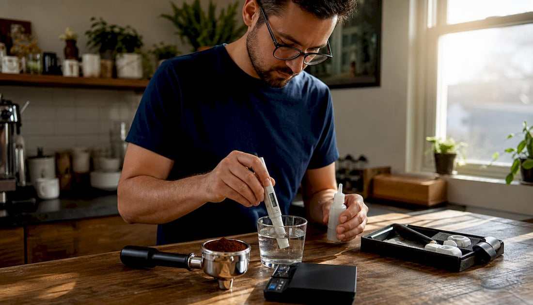 Home barista testing espresso water quality