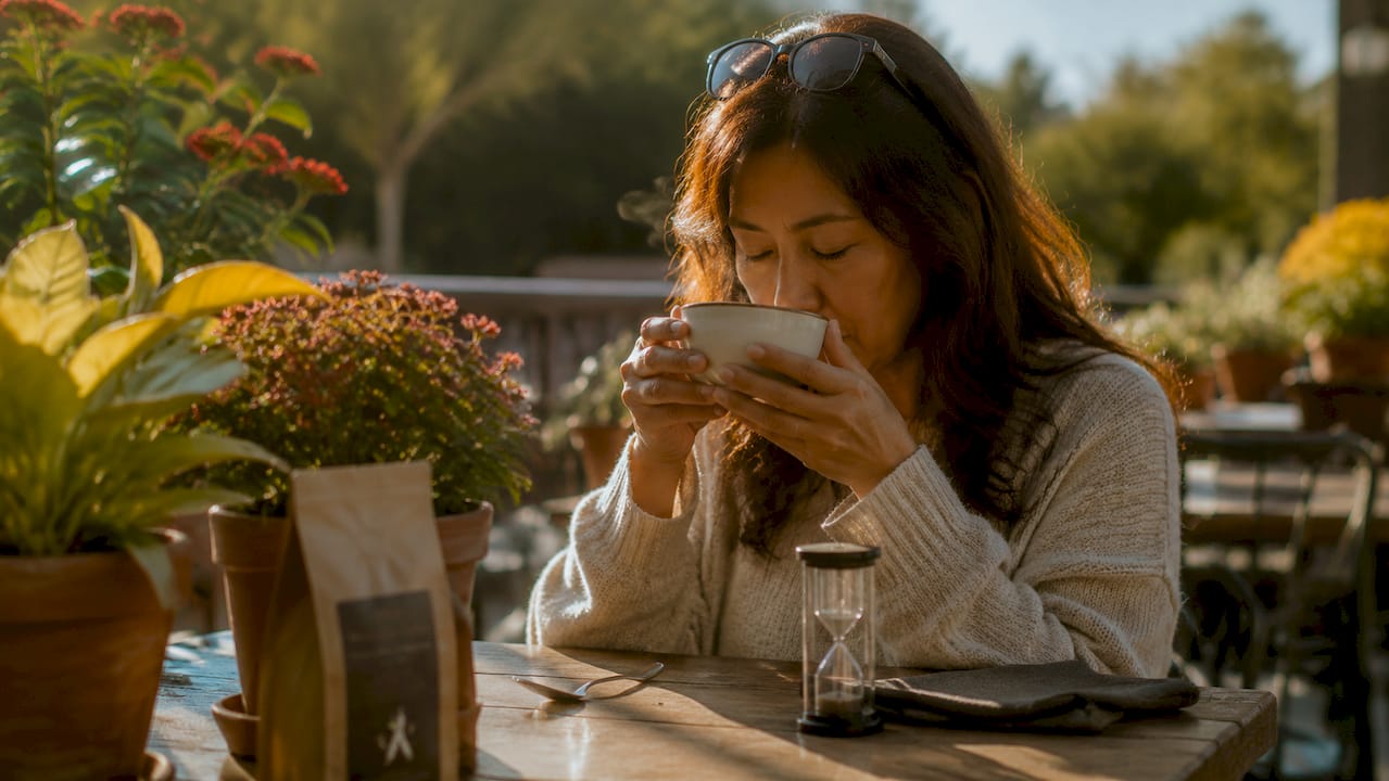 Woman tasting specialty coffee in café