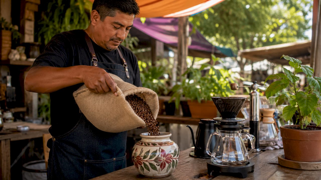 Barista preparing single-origin coffee beans