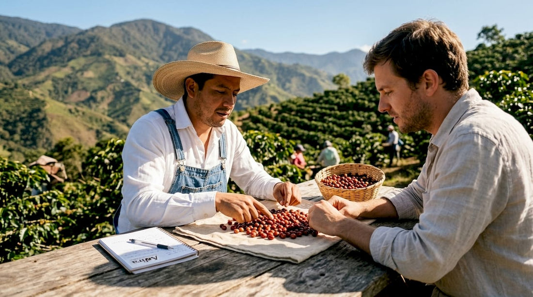 Farmer and buyer inspecting coffee cherries outdoors