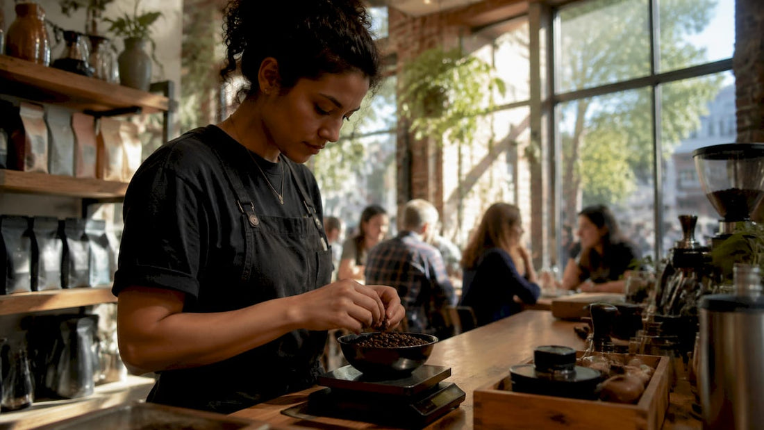 Barista weighing beans in Portland roastery