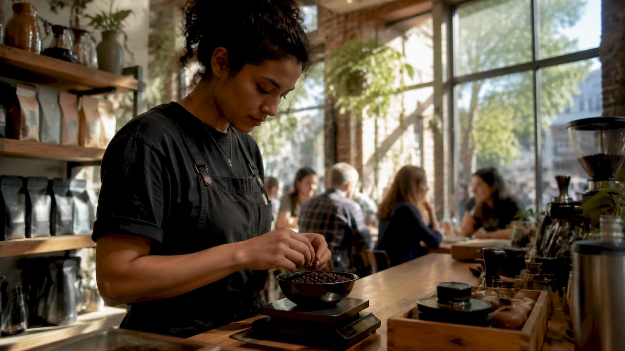 Barista weighing beans in Portland roastery