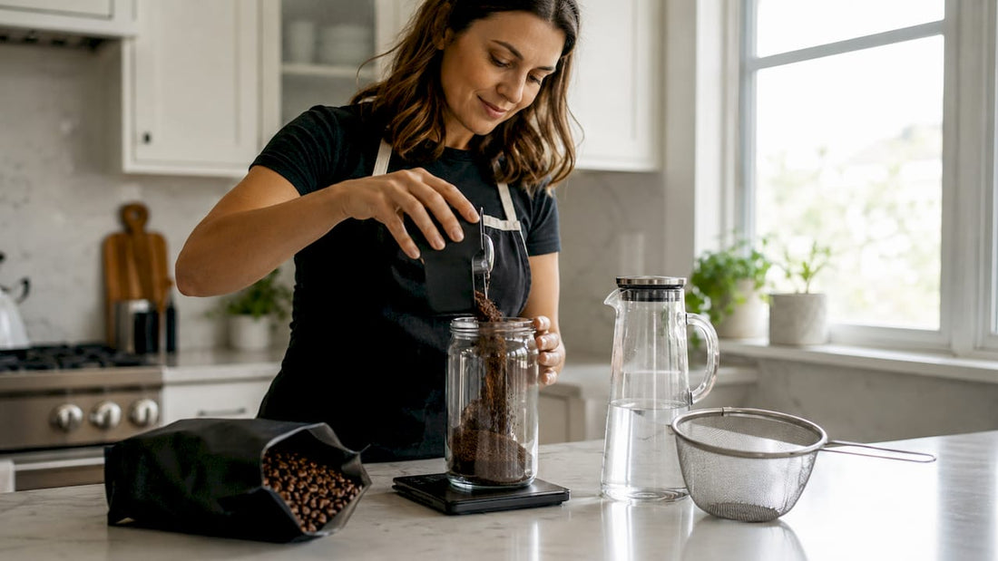 Barista brewing cold brew coffee concentrate at home