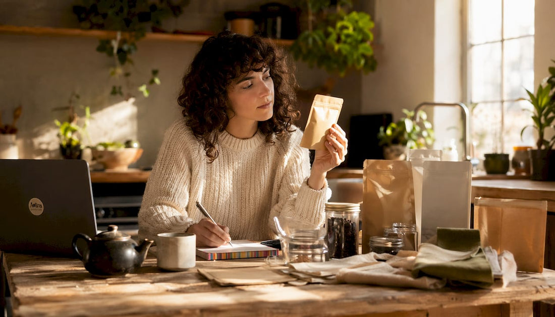 Product manager inspecting eco packaging samples