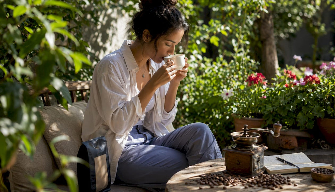 Woman tasting single origin coffee at home table