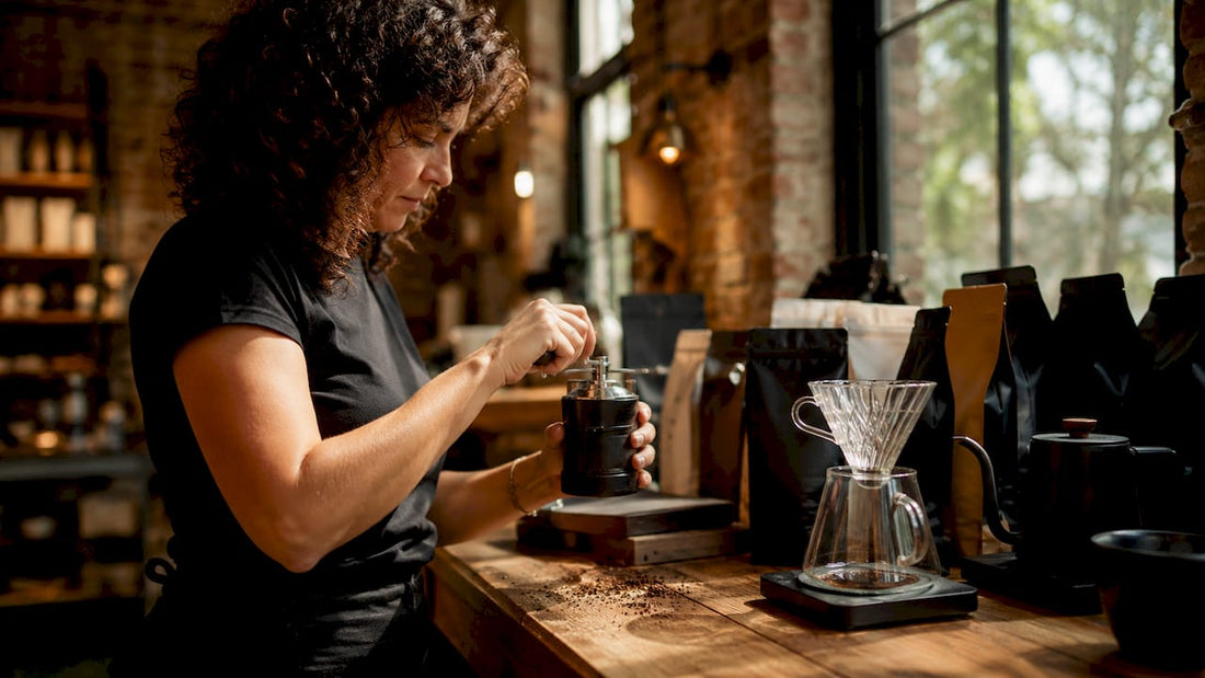 Woman grinding coffee beans in home kitchen