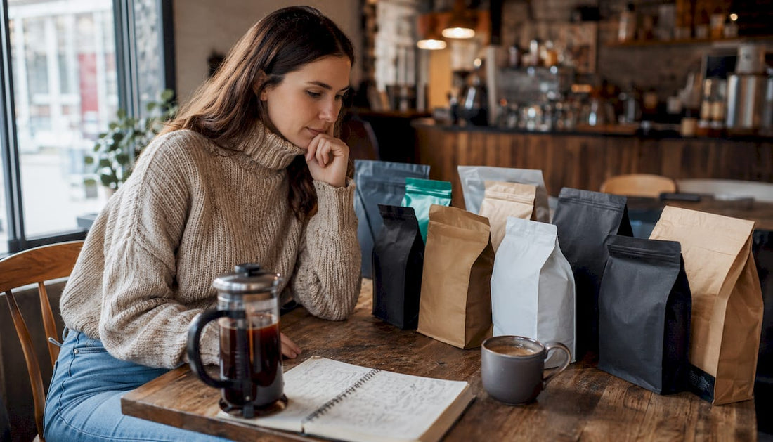 Woman comparing coffee prices at home table