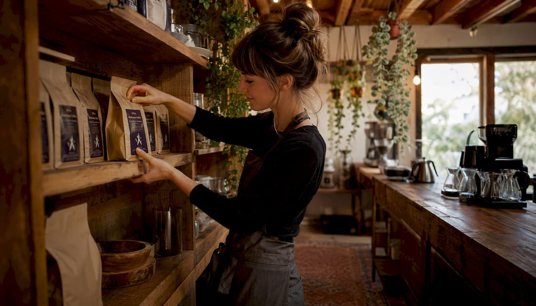Barista arranging coffee bags inside store