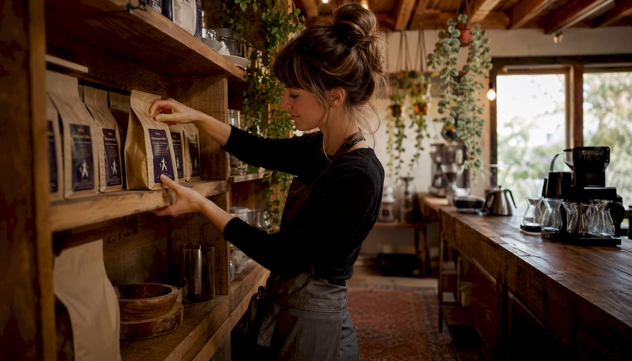 Barista arranging coffee bags inside store