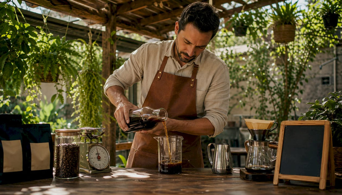 Barista pouring cold brew coffee in bottle