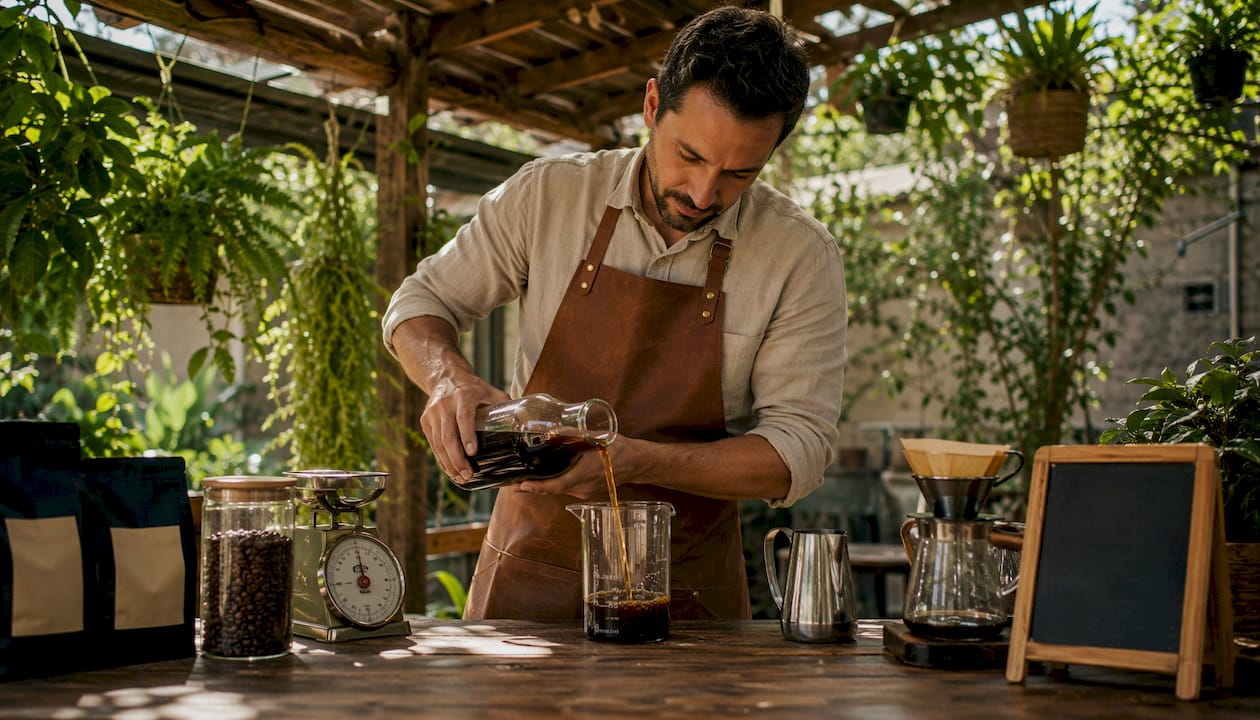 Barista pouring cold brew coffee in bottle