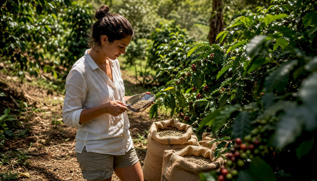 Woman inspecting freshly roasted organic coffee beans