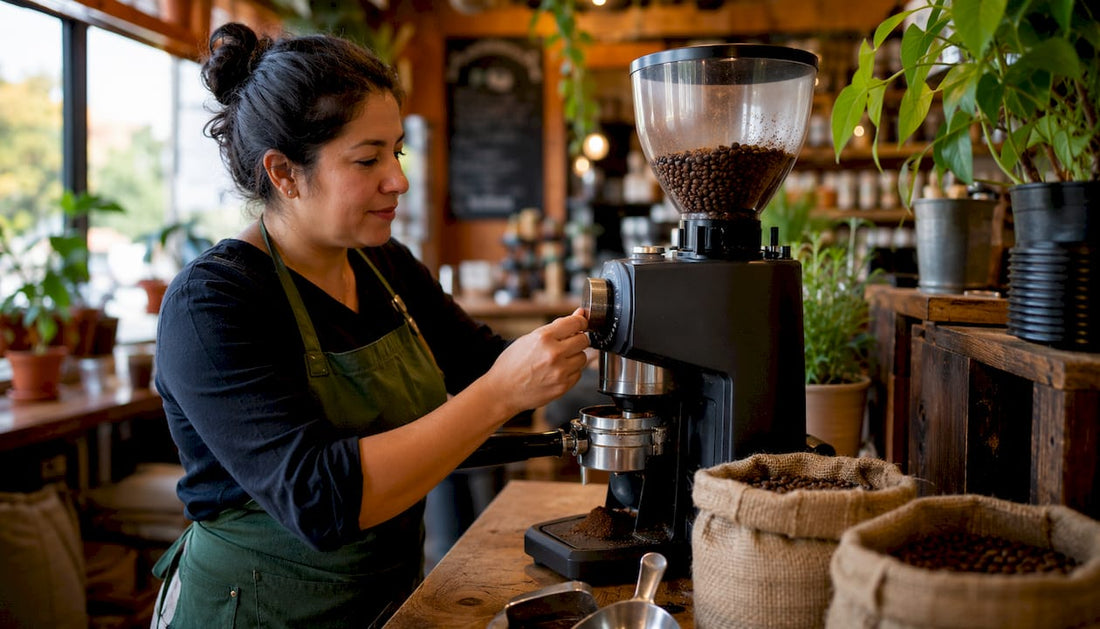 Barista grinding coffee beans in roastery