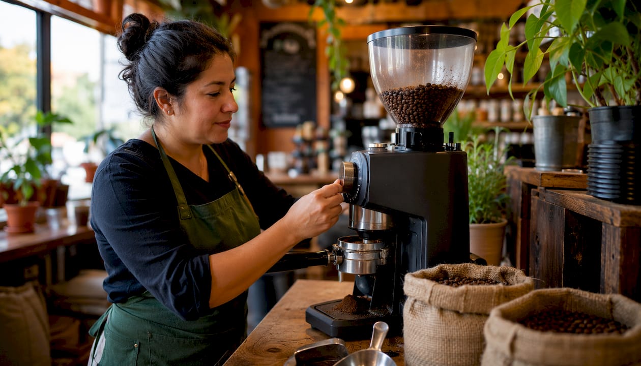 Barista grinding coffee beans in roastery