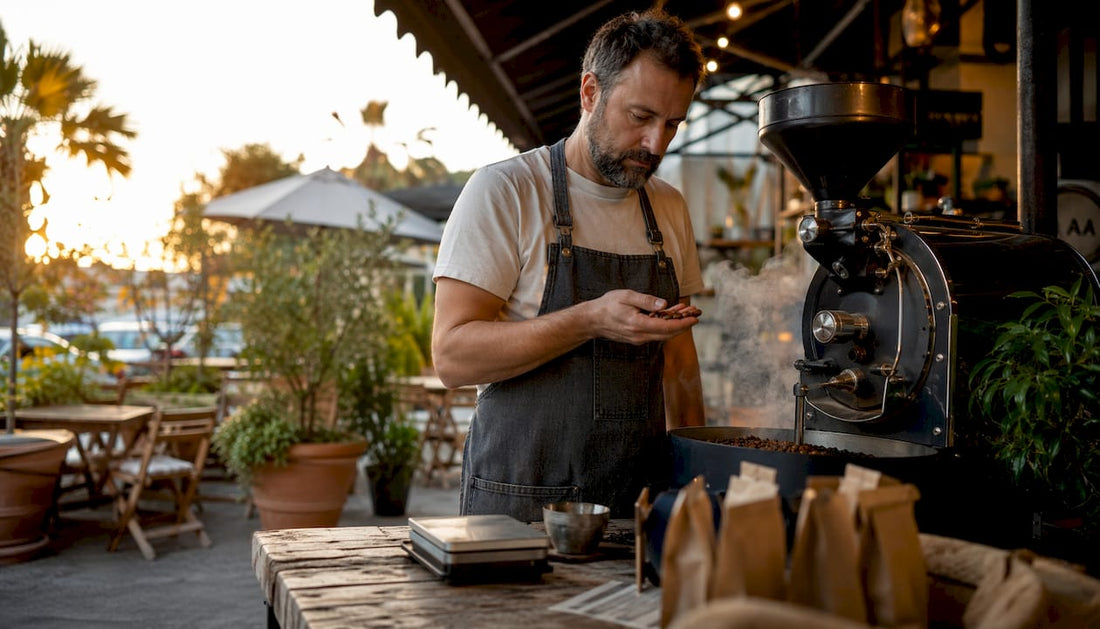 Male artisan inspecting freshly roasted coffee beans