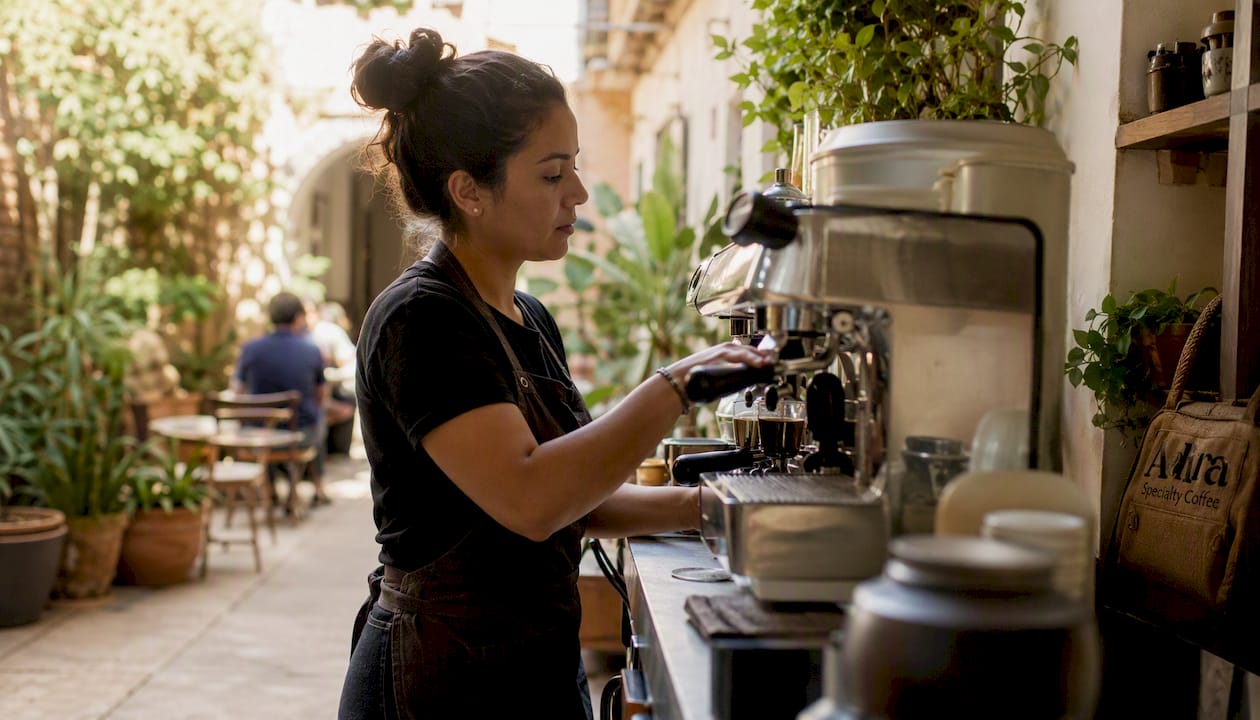 Barista preparing espresso shot in cafe