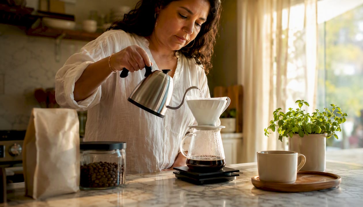 Woman brewing coffee with pour-over at home