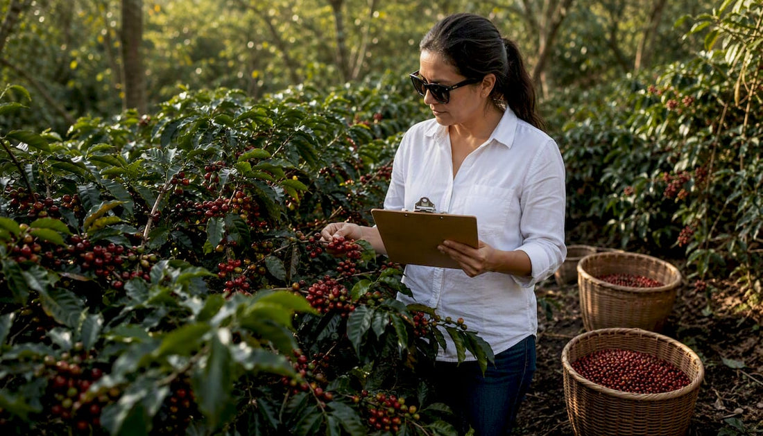 Farmer inspecting coffee plants on ethically managed farm