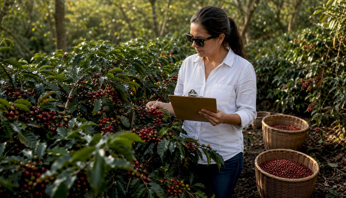 Farmer inspecting coffee plants on ethically managed farm
