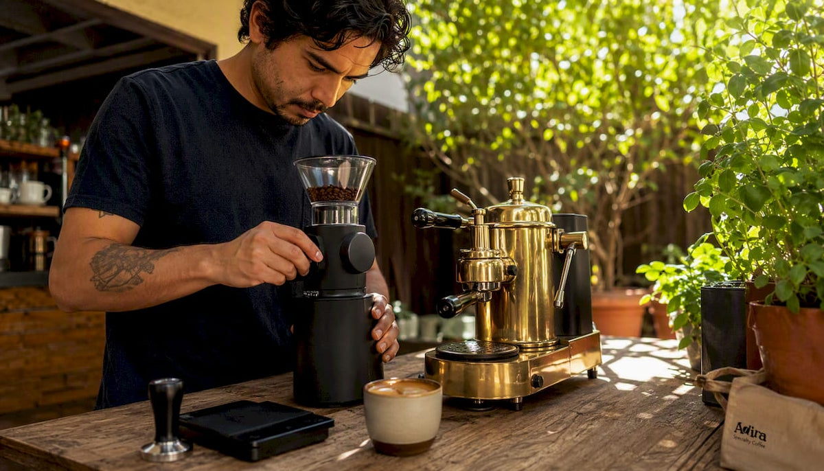 Home barista grinding fresh espresso beans