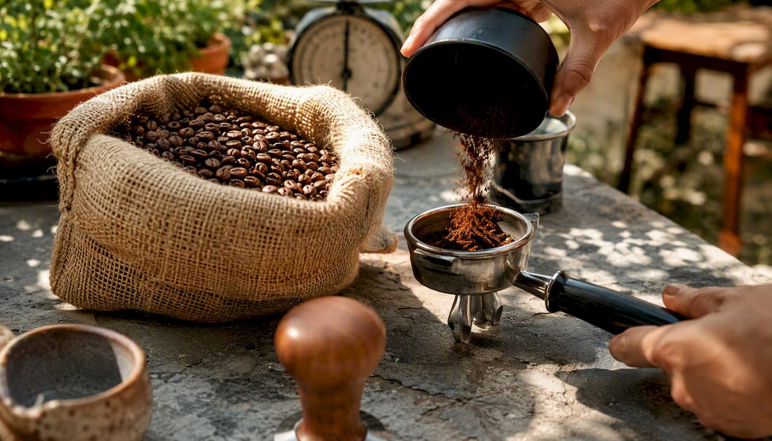 Home espresso setup and fresh coffee beans preparation