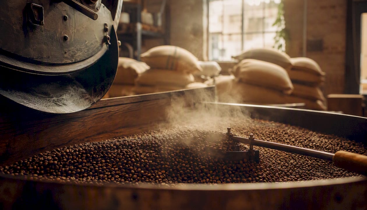 Freshly roasted coffee beans cooling after roasting