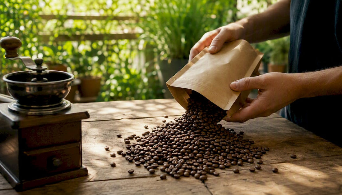 Fresh coffee beans poured from bag on kitchen counter