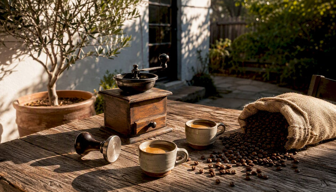 Espresso cup with fresh medium roast beans