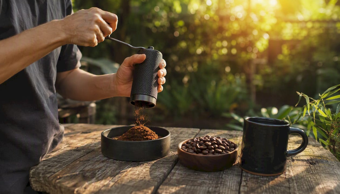 Hands grinding fruity coffee beans manually
