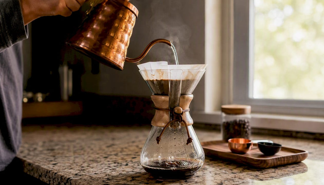 Hand pouring water over coffee in Chemex brewer