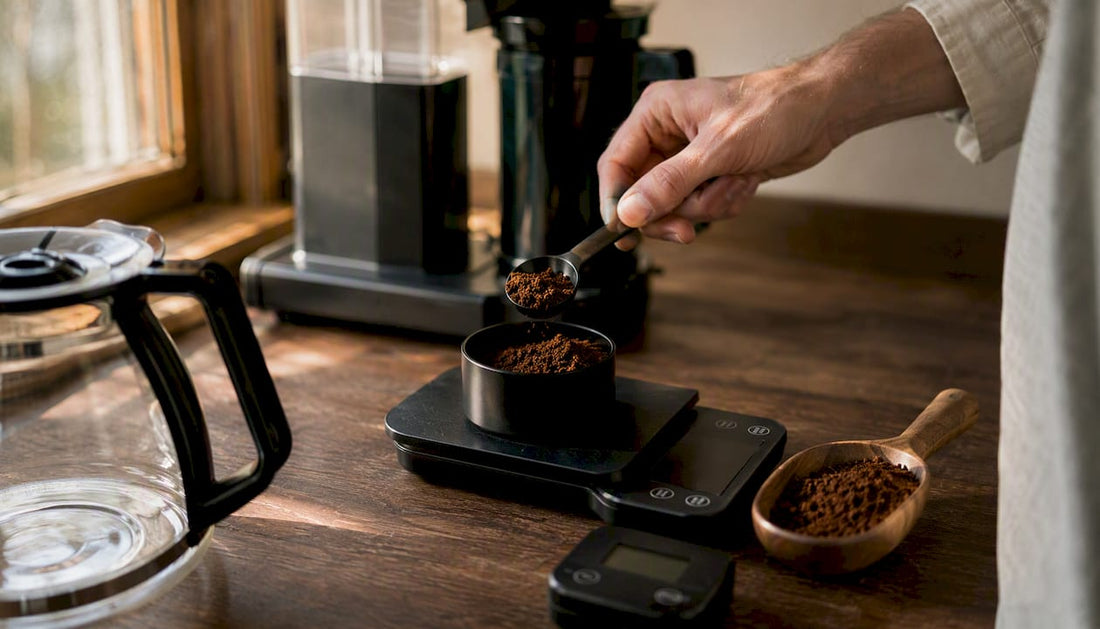 Hand measuring coffee grounds on scale near coffee maker