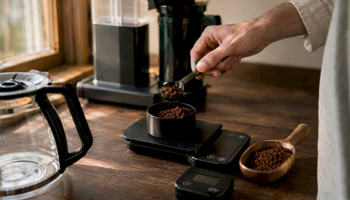 Hand measuring coffee grounds on scale near coffee maker