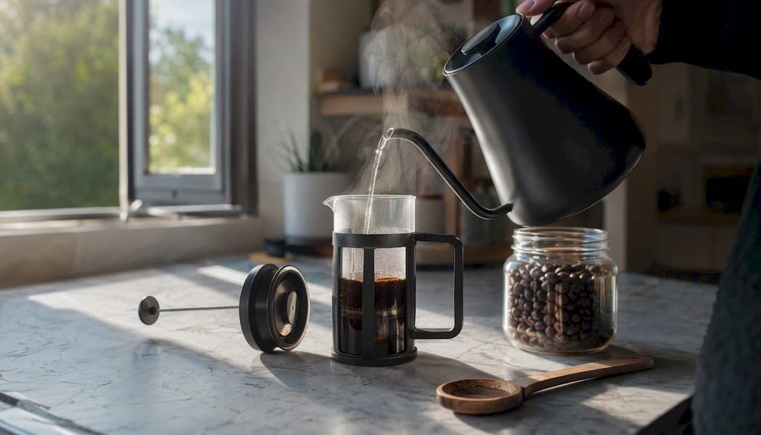 Hand pouring hot water over coffee grounds in French press
