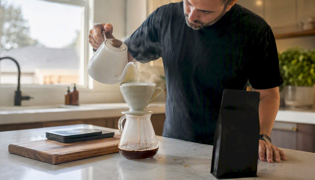Pouring water over half caff coffee grounds in dripper