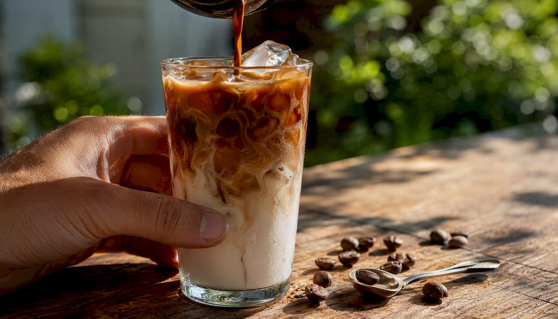 Espresso shot poured over ice and milk glass