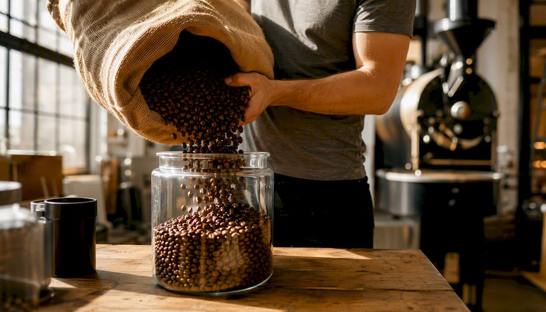Hands scooping freshly roasted coffee beans