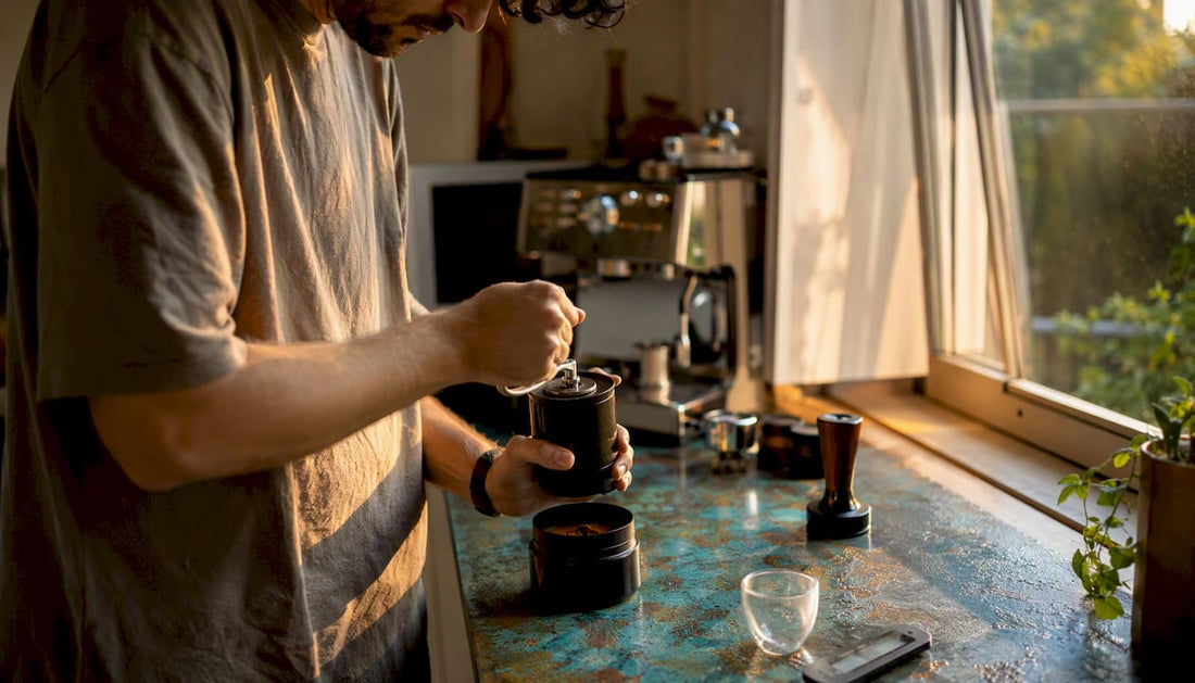 Home barista grinding coffee for espresso shot