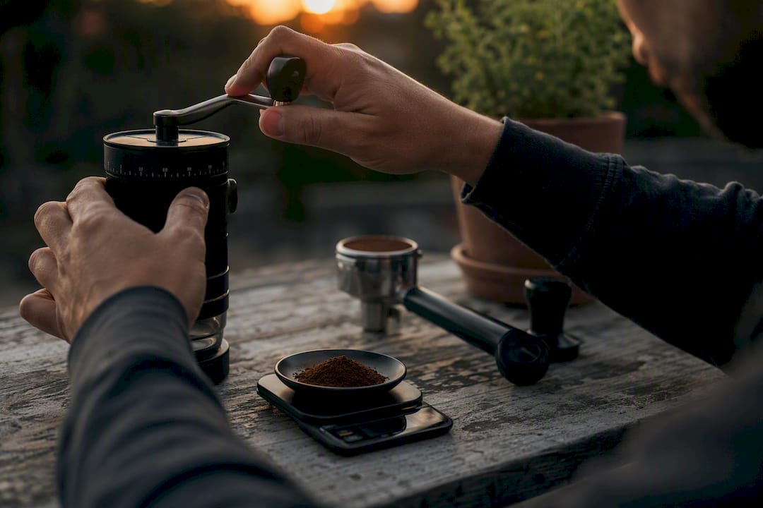 Home barista adjusting coffee grinder