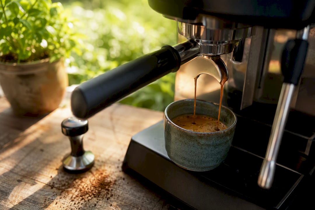 Close-up espresso shot flowing from machine